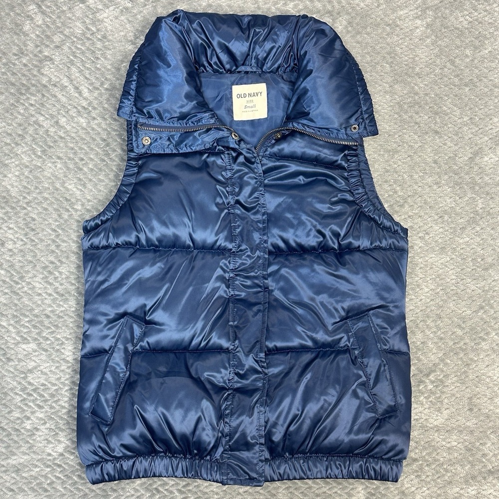 Old Navy Puffer Vest Jacket Womens Size S Blue Full Zipper Sleeveless 100% Nylon